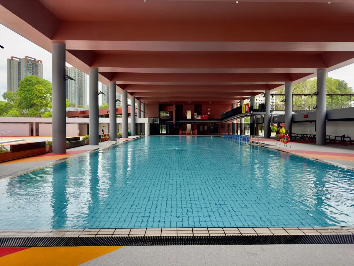 Sheltered teaching pool under cantilevered roof at Delta Swimming Complex